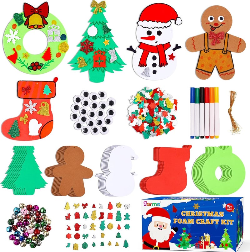 Garma 264pcs Christmas Crafts for Kids - DIY Christmas Tree Ornaments Foam Sticker Kits, Xmas Tree Shapes Snowman Wreath Socks Decorations for Kids Crafts Party Favors Supplies & Classroom Activities - Image 1